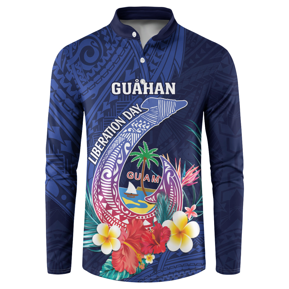 Personalised Guam Liberation Day Button Sweatshirt Happy 80th Anniversary Fish Hook Mix Tropical Flowers LT14 Blue - Polynesian Pride