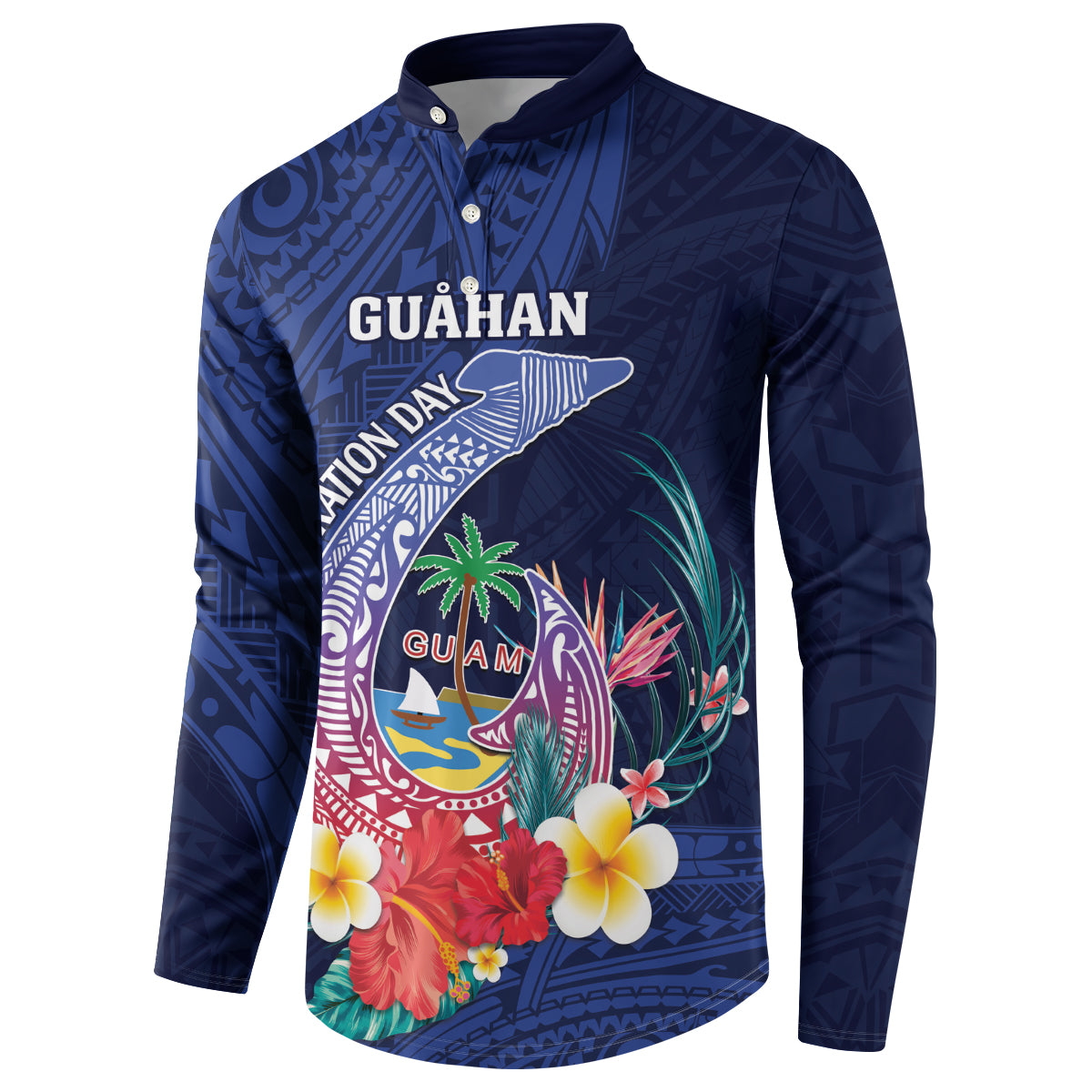 Personalised Guam Liberation Day Button Sweatshirt Happy 80th Anniversary Fish Hook Mix Tropical Flowers LT14 - Polynesian Pride
