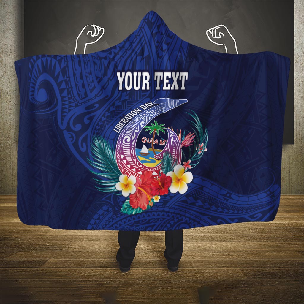 Personalised Guam Liberation Day Hooded Blanket Happy 80th Anniversary Fish Hook Mix Tropical Flowers LT14 One Size Blue - Polynesian Pride