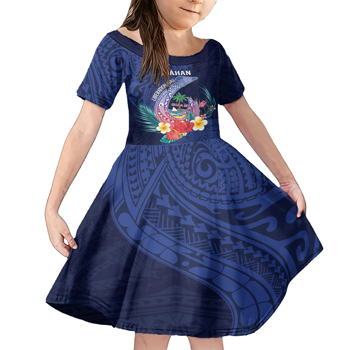 Personalised Guam Liberation Day Kid Short Sleeve Dress Happy 80th Anniversary Fish Hook Mix Tropical Flowers LT14 KID Blue - Polynesian Pride