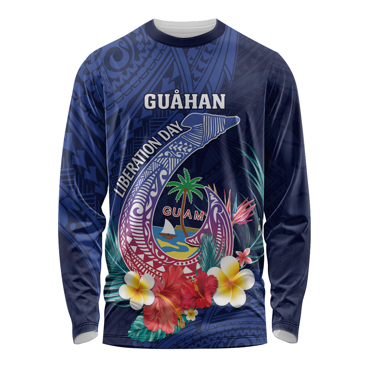 Personalised Guam Liberation Day Long Sleeve Shirt Happy 80th Anniversary Fish Hook Mix Tropical Flowers LT14 Unisex Blue - Polynesian Pride