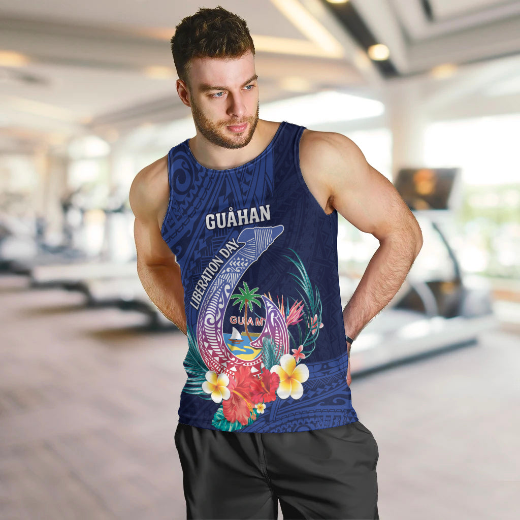 Personalised Guam Liberation Day Men Tank Top Happy 80th Anniversary Fish Hook Mix Tropical Flowers LT14 Blue - Polynesian Pride