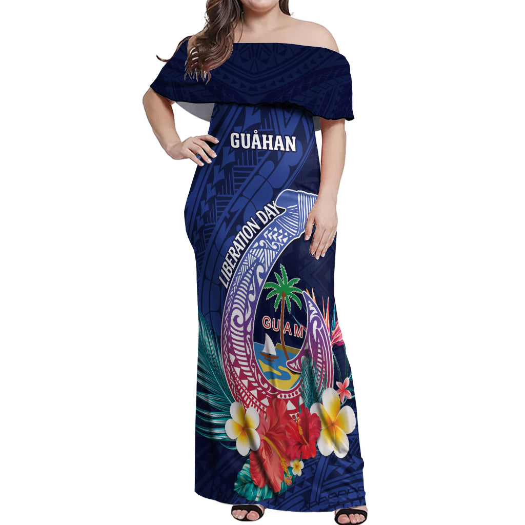Personalised Guam Liberation Day Off Shoulder Maxi Dress Happy 80th Anniversary Fish Hook Mix Tropical Flowers LT14 Women Blue - Polynesian Pride