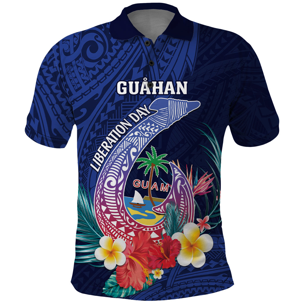 Personalised Guam Liberation Day Polo Shirt Happy 80th Anniversary Fish Hook Mix Tropical Flowers LT14 Blue - Polynesian Pride