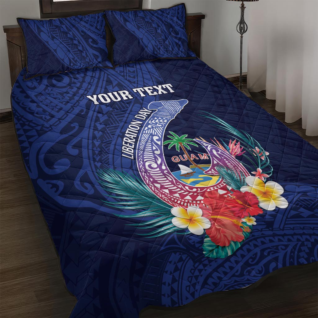 Personalised Guam Liberation Day Quilt Bed Set Happy 80th Anniversary Fish Hook Mix Tropical Flowers LT14 Blue - Polynesian Pride