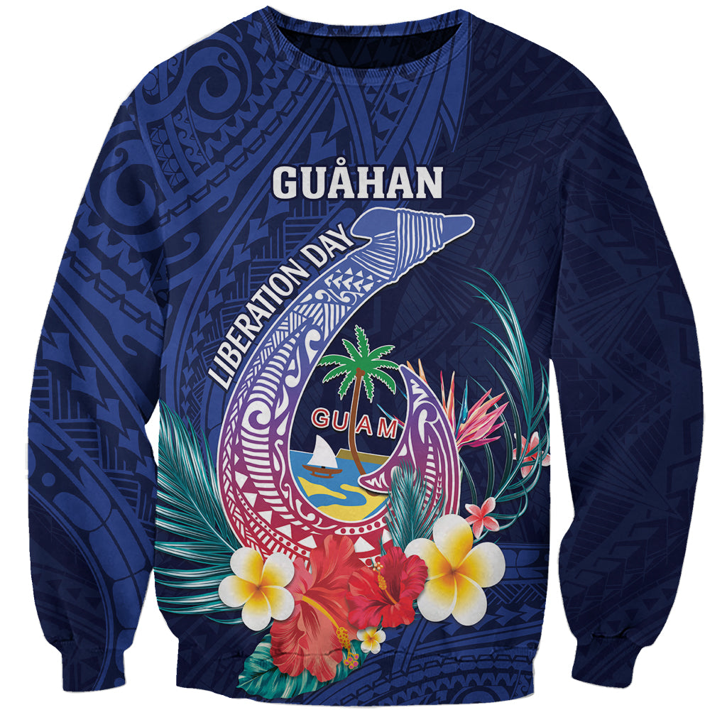 Personalised Guam Liberation Day Sweatshirt Happy 80th Anniversary Fish Hook Mix Tropical Flowers LT14 Unisex Blue - Polynesian Pride