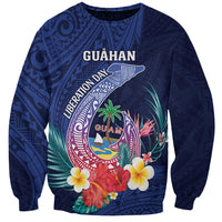 Personalised Guam Liberation Day Sweatshirt Happy 80th Anniversary Fish Hook Mix Tropical Flowers LT14 Unisex Blue - Polynesian Pride