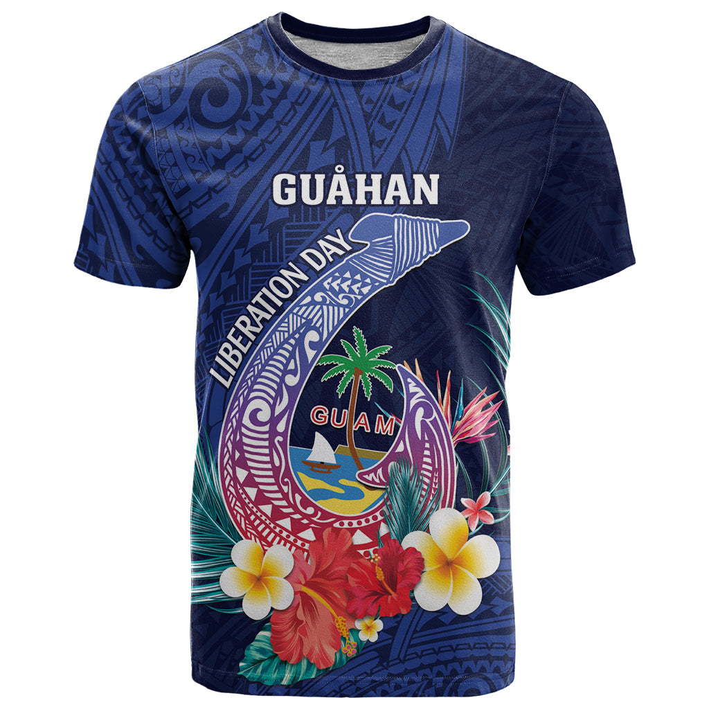 Personalised Guam Liberation Day T Shirt Happy 80th Anniversary Fish Hook Mix Tropical Flowers