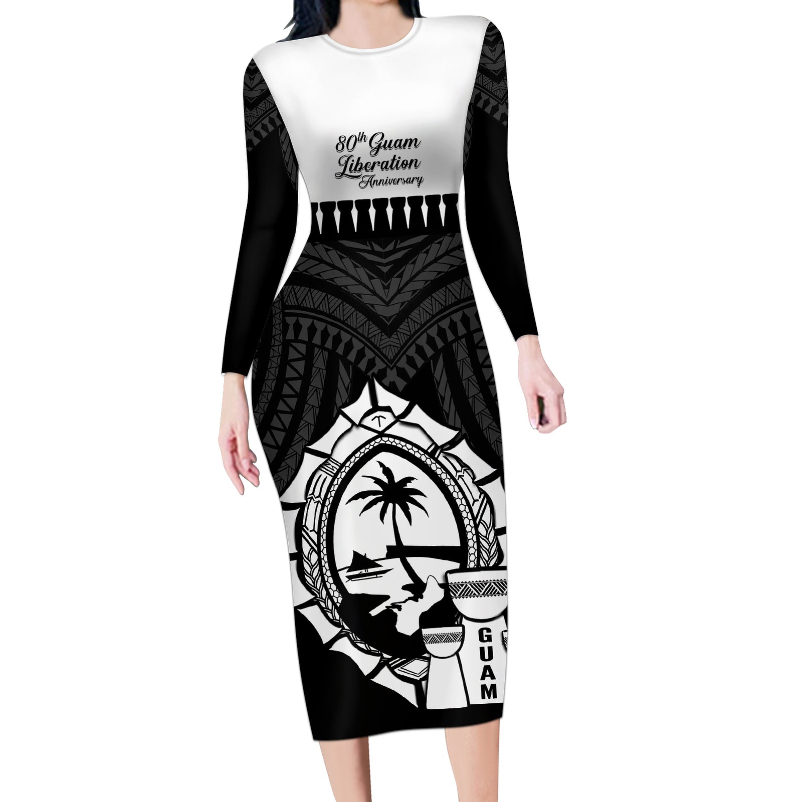 Guam Liberation Day Long Sleeve Bodycon Dress Biba Guahan Chamorro 80th Anniversary - Black LT14 Long Dress Black - Polynesian Pride