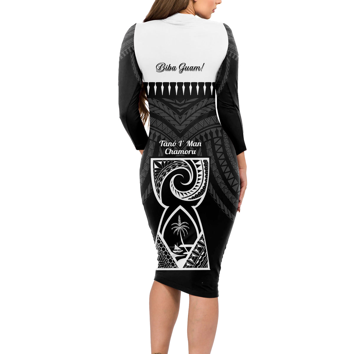 Guam Liberation Day Long Sleeve Bodycon Dress Biba Guahan Chamorro 80th Anniversary - Black LT14 - Polynesian Pride
