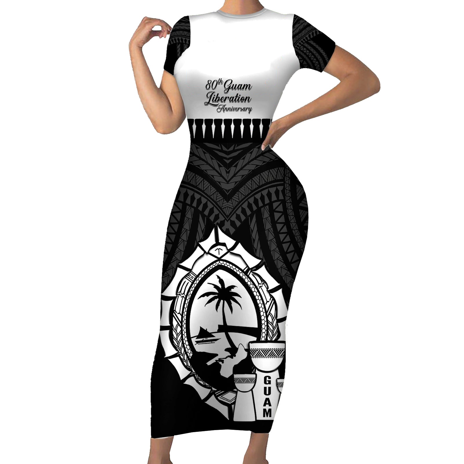 Guam Liberation Day Short Sleeve Bodycon Dress Biba Guahan Chamorro 80th Anniversary - Black LT14 Long Dress Black - Polynesian Pride