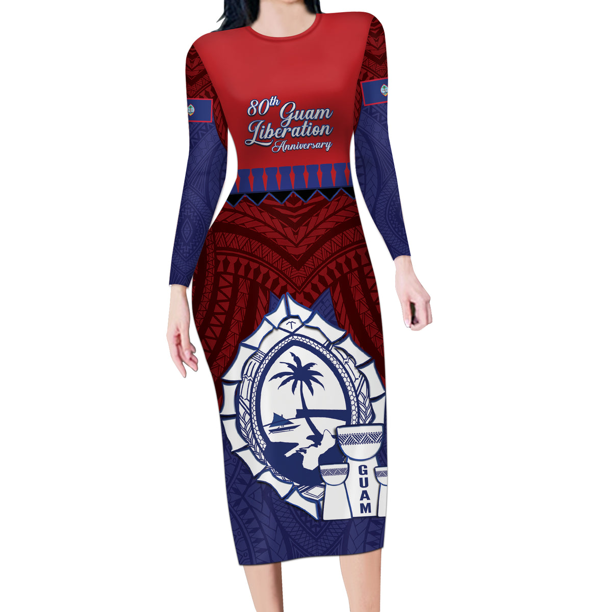 Guam Liberation Day Long Sleeve Bodycon Dress Biba Guahan Chamorro 80th Anniversary - Blue LT14 Long Dress Blue - Polynesian Pride