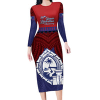 Guam Liberation Day Long Sleeve Bodycon Dress Biba Guahan Chamorro 80th Anniversary - Blue LT14 Long Dress Blue - Polynesian Pride