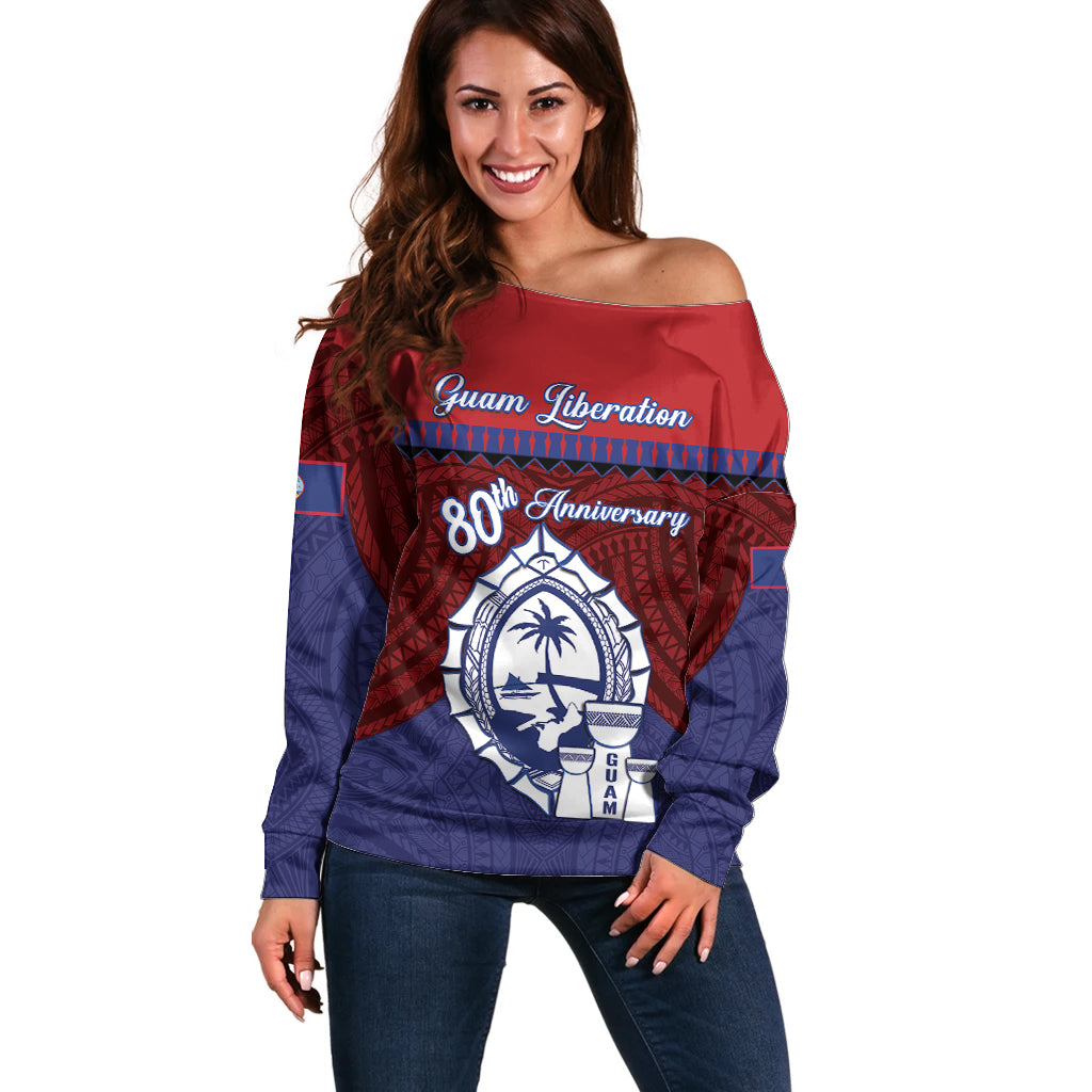 Guam Liberation Day Off Shoulder Sweater Biba Guahan Chamorro 80th Anniversary - Blue LT14 Women Blue - Polynesian Pride