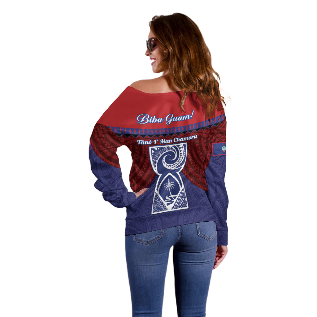 Guam Liberation Day Off Shoulder Sweater Biba Guahan Chamorro 80th Anniversary - Blue LT14 - Polynesian Pride