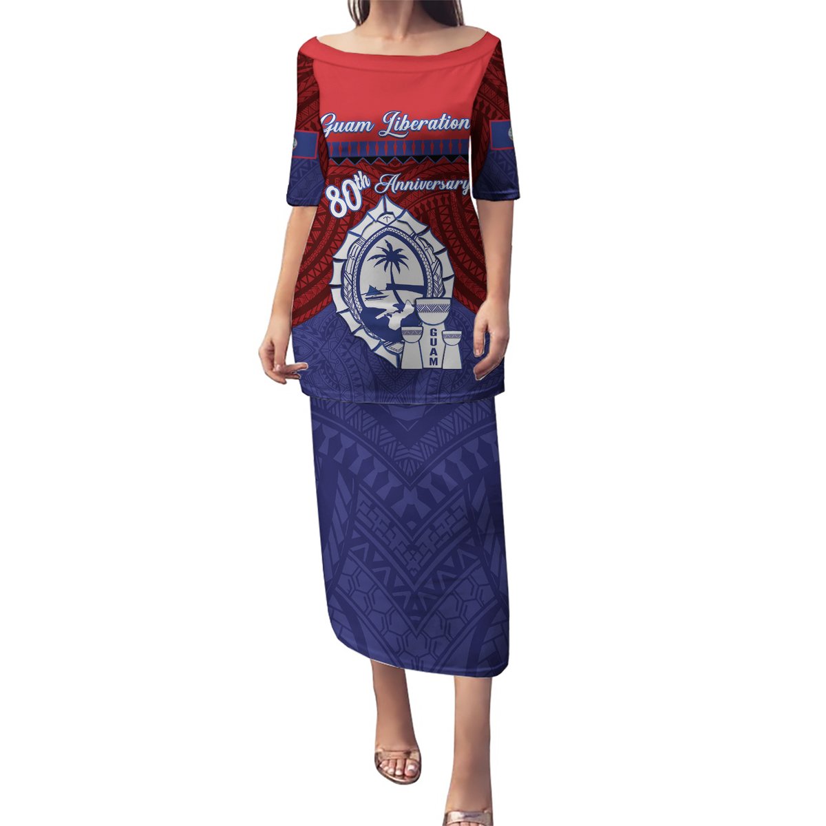 Guam Liberation Day Puletasi Biba Guahan Chamorro 80th Anniversary - Blue LT14 Long Dress Blue - Polynesian Pride
