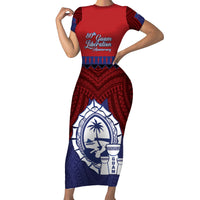 Guam Liberation Day Short Sleeve Bodycon Dress Biba Guahan Chamorro 80th Anniversary - Blue LT14 Long Dress Blue - Polynesian Pride
