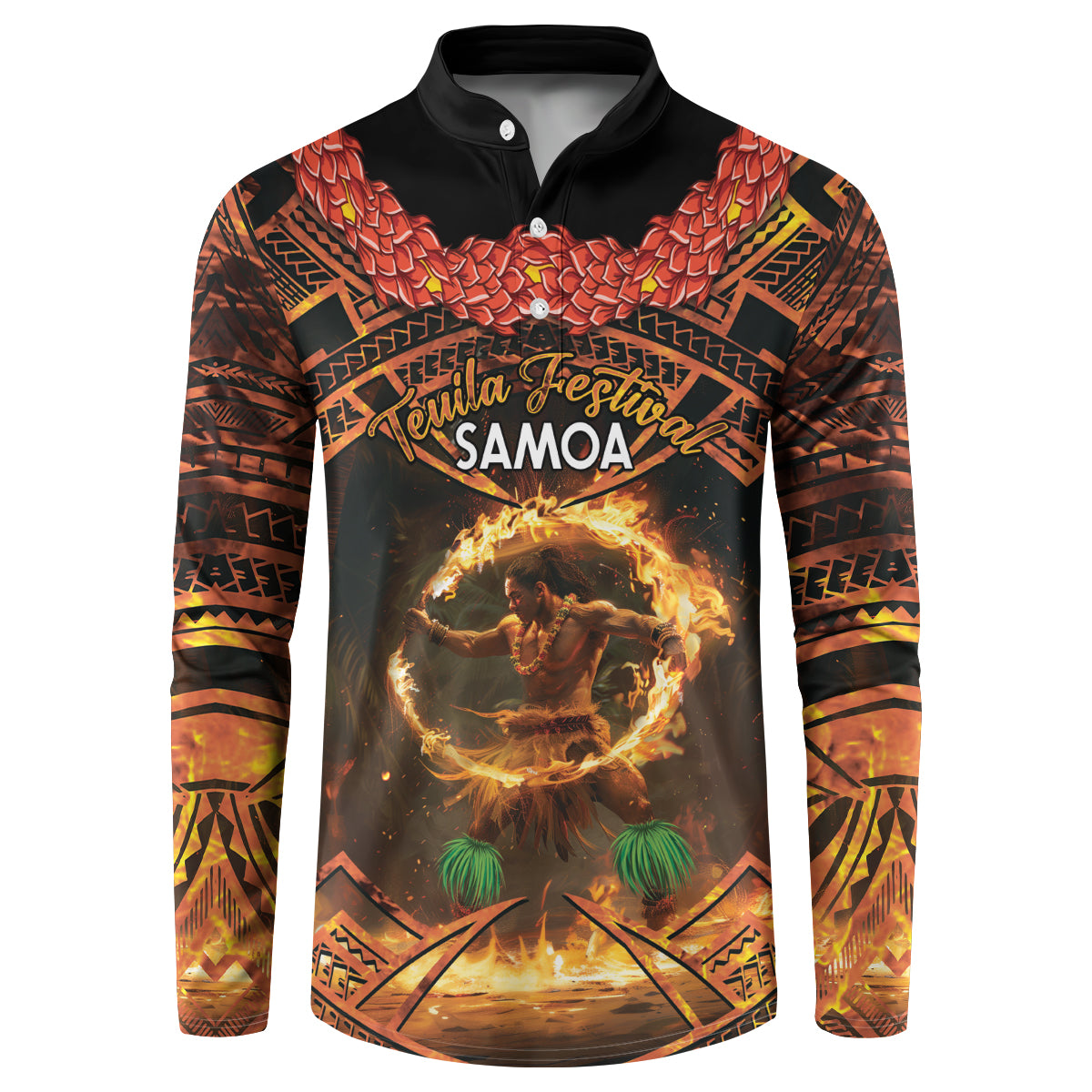 Samoa Teuila 2024 Festival Button Sweatshirt Samoan Siva Afi With Red Gingers LT14 Black - Polynesian Pride