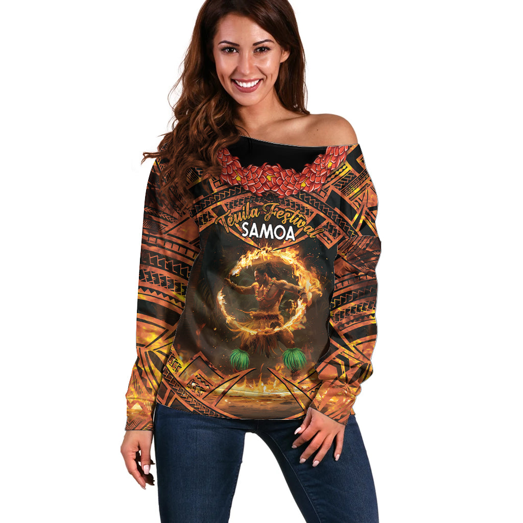 Samoa Teuila 2024 Festival Off Shoulder Sweater Samoan Siva Afi With Red Gingers LT14 Women Black - Polynesian Pride
