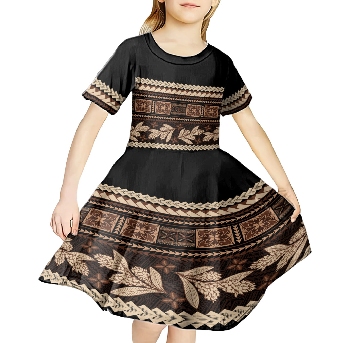Black Samoa Siapo Teuila Flowers Kid Short Sleeve Dress LT14 - Polynesian Pride