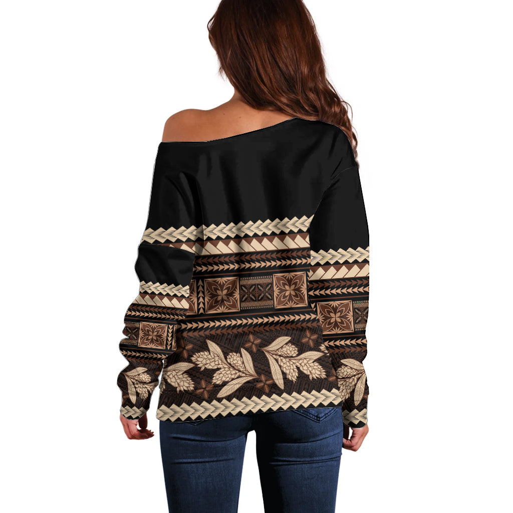 Black Samoa Siapo Teuila Flowers Off Shoulder Sweater LT14 - Polynesian Pride