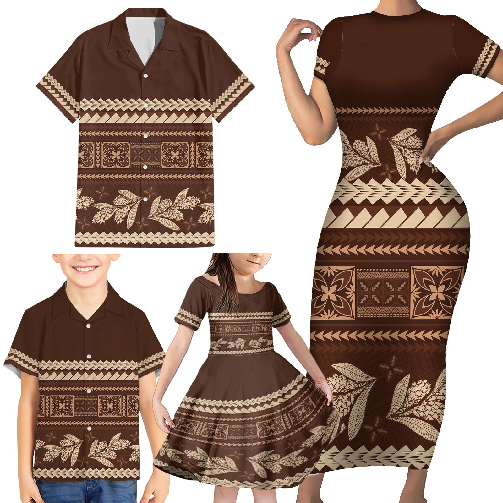 Brown Samoa Siapo Teuila Flowers Family Matching Short Sleeve Bodycon Dress and Hawaiian Shirt