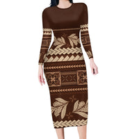 Brown Samoa Siapo Teuila Flowers Long Sleeve Bodycon Dress LT14 Long Dress Brown - Polynesian Pride