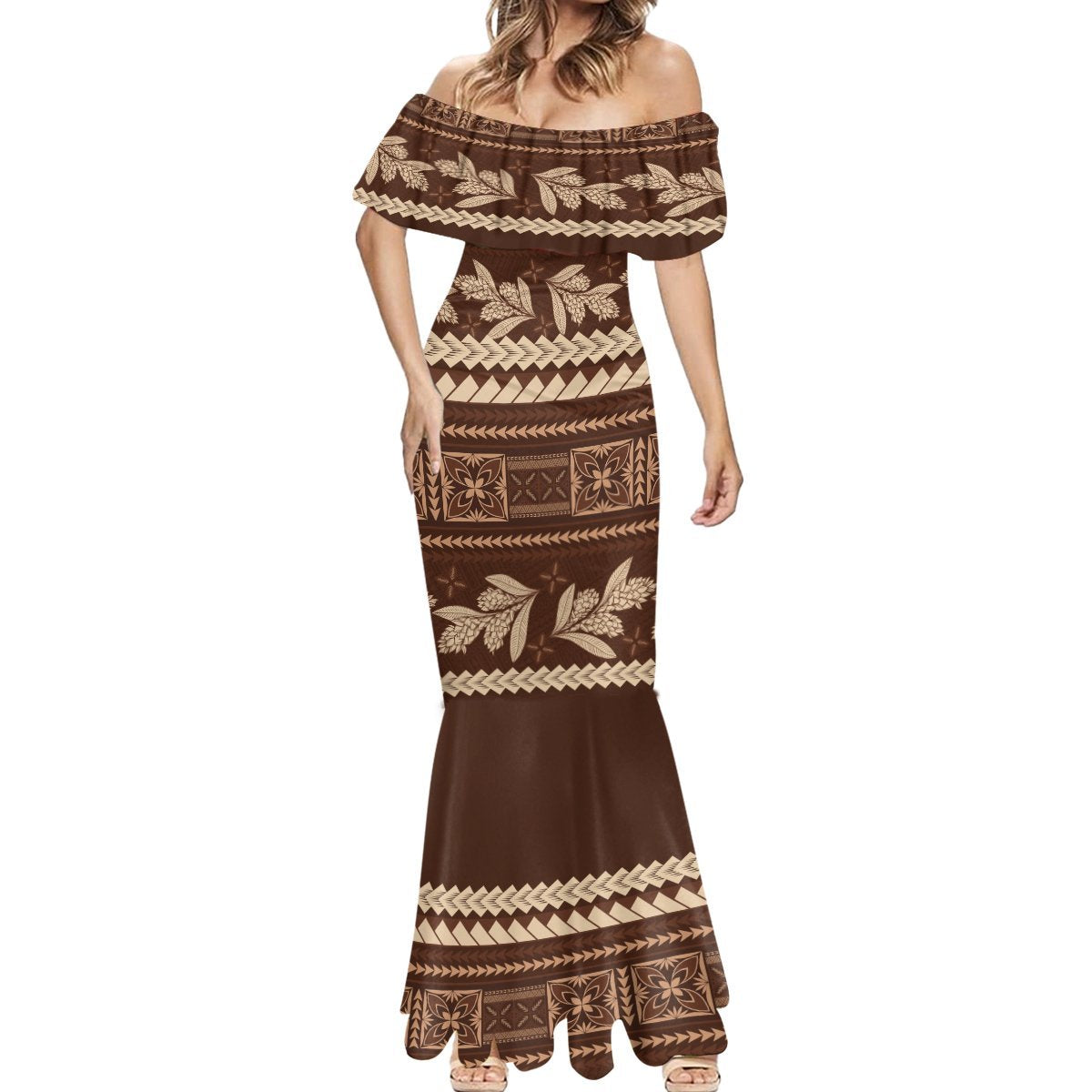 Brown Samoa Siapo Teuila Flowers Mermaid Dress LT14 - Polynesian Pride