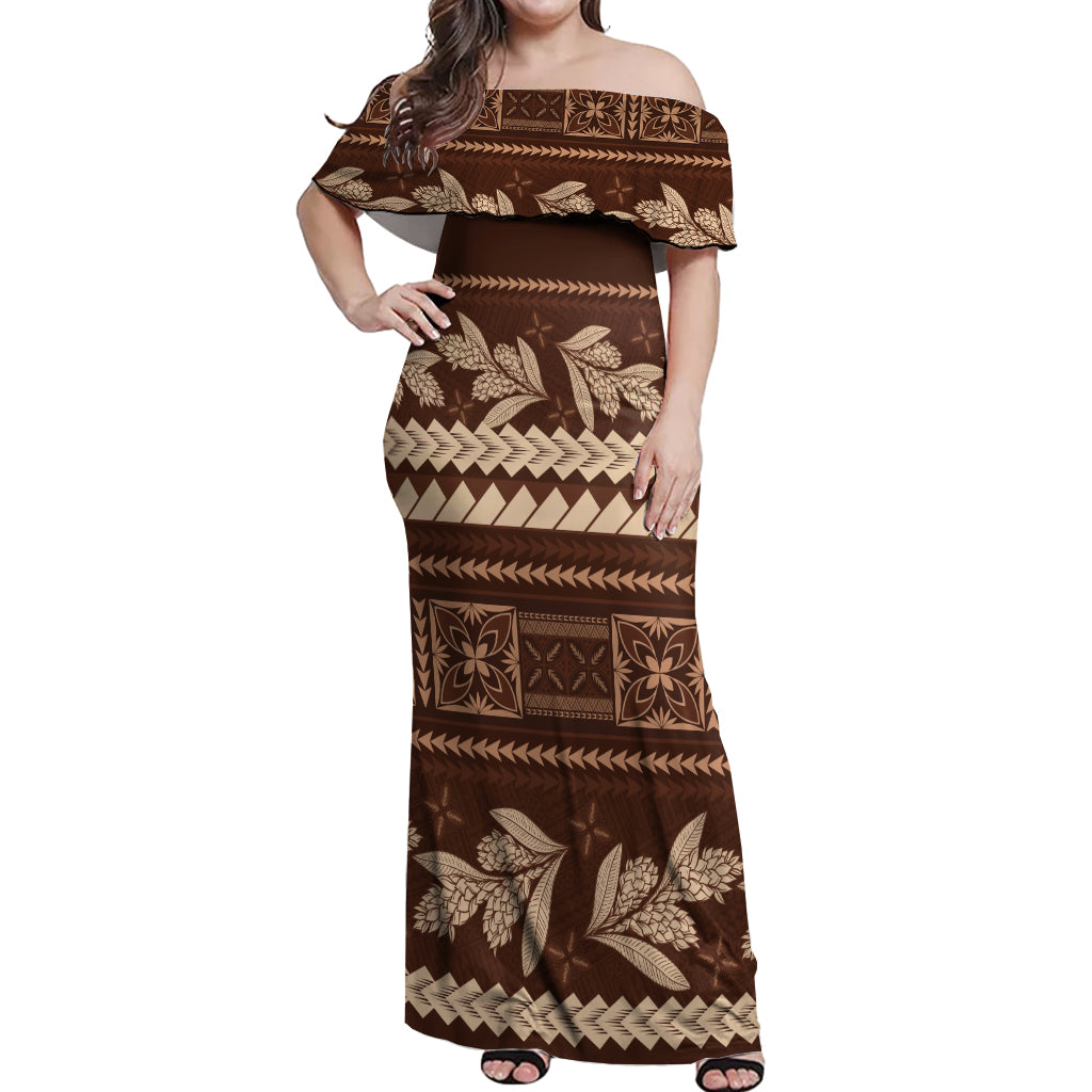 Brown Samoa Siapo Teuila Flowers Off Shoulder Maxi Dress LT14 Women Brown - Polynesian Pride