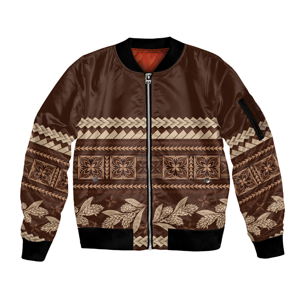 Brown Samoa Siapo Teuila Flowers Sleeve Zip Bomber Jacket LT14 Unisex Brown - Polynesian Pride