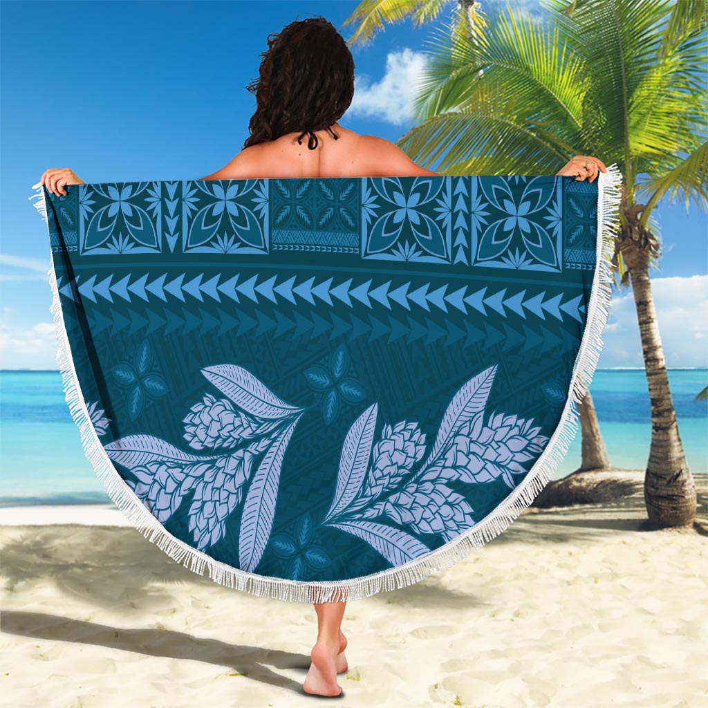 Dark Cyan Samoa Siapo Teuila Flowers Beach Blanket LT14 - Polynesian Pride