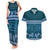 Dark Cyan Samoa Siapo Teuila Flowers Couples Matching Tank Maxi Dress and Hawaiian Shirt