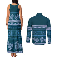 Dark Cyan Samoa Siapo Teuila Flowers Couples Matching Tank Maxi Dress and Long Sleeve Button Shirt LT14 - Polynesian Pride