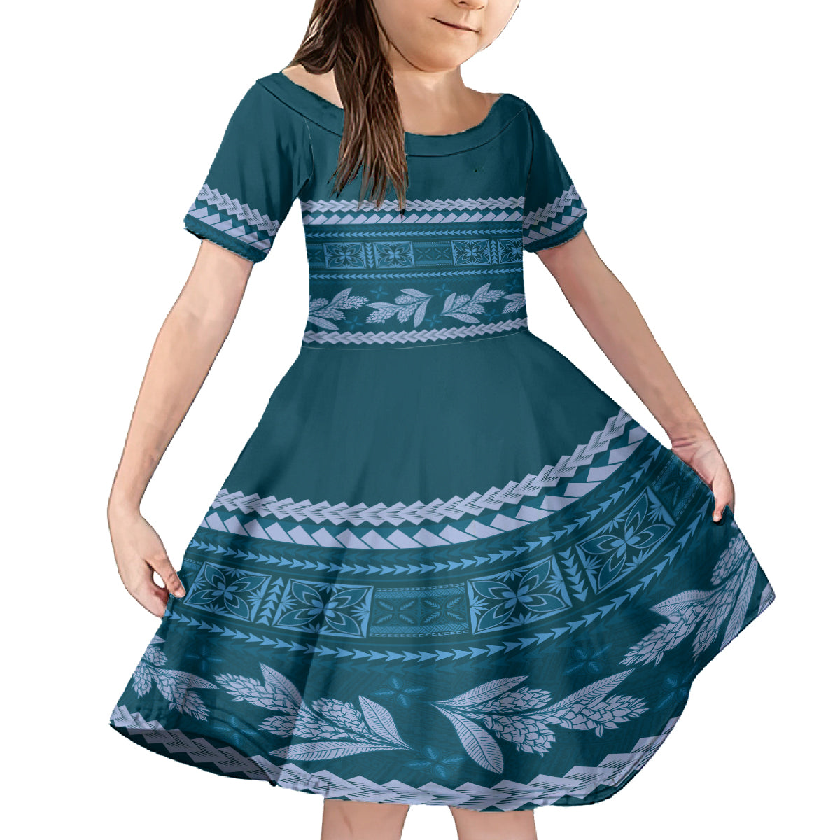 Dark Cyan Samoa Siapo Teuila Flowers Kid Short Sleeve Dress LT14 KID Dark Cyan - Polynesian Pride