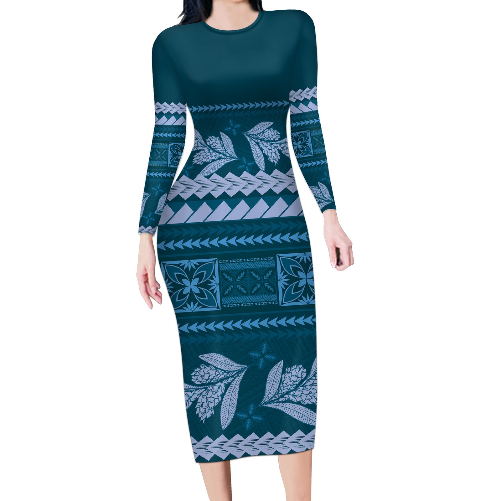 Dark Cyan Samoa Siapo Teuila Flowers Long Sleeve Bodycon Dress LT14 Long Dress Dark Cyan - Polynesian Pride