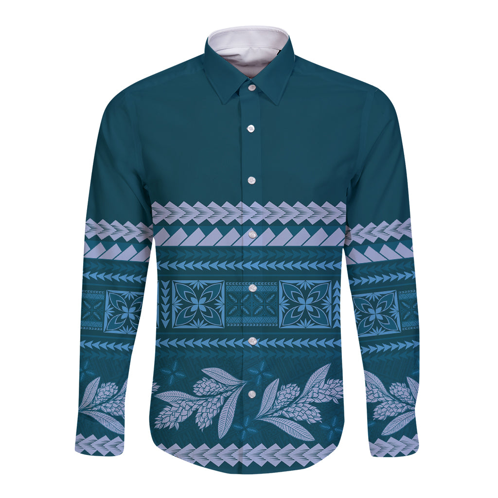 Dark Cyan Samoa Siapo Teuila Flowers Long Sleeve Button Shirt LT14 Unisex Dark Cyan - Polynesian Pride