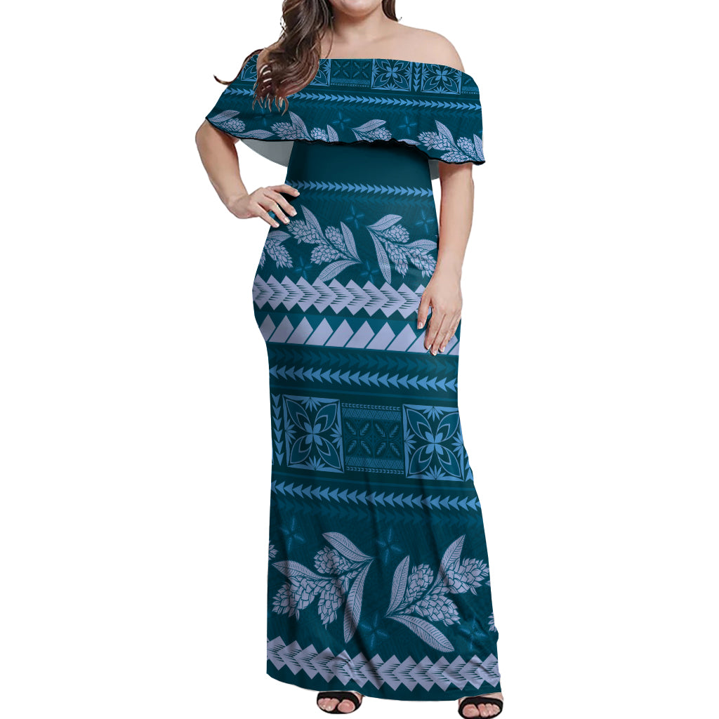 Dark Cyan Samoa Siapo Teuila Flowers Off Shoulder Maxi Dress LT14 Women Dark Cyan - Polynesian Pride