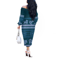 Dark Cyan Samoa Siapo Teuila Flowers Off The Shoulder Long Sleeve Dress LT14 - Polynesian Pride
