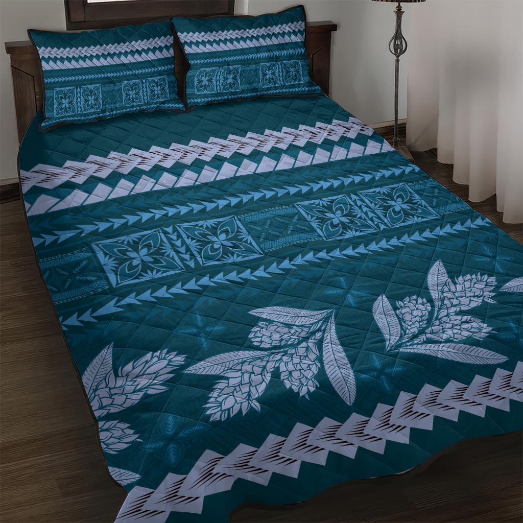 Dark Cyan Samoa Siapo Teuila Flowers Quilt Bed Set LT14 Dark Cyan - Polynesian Pride
