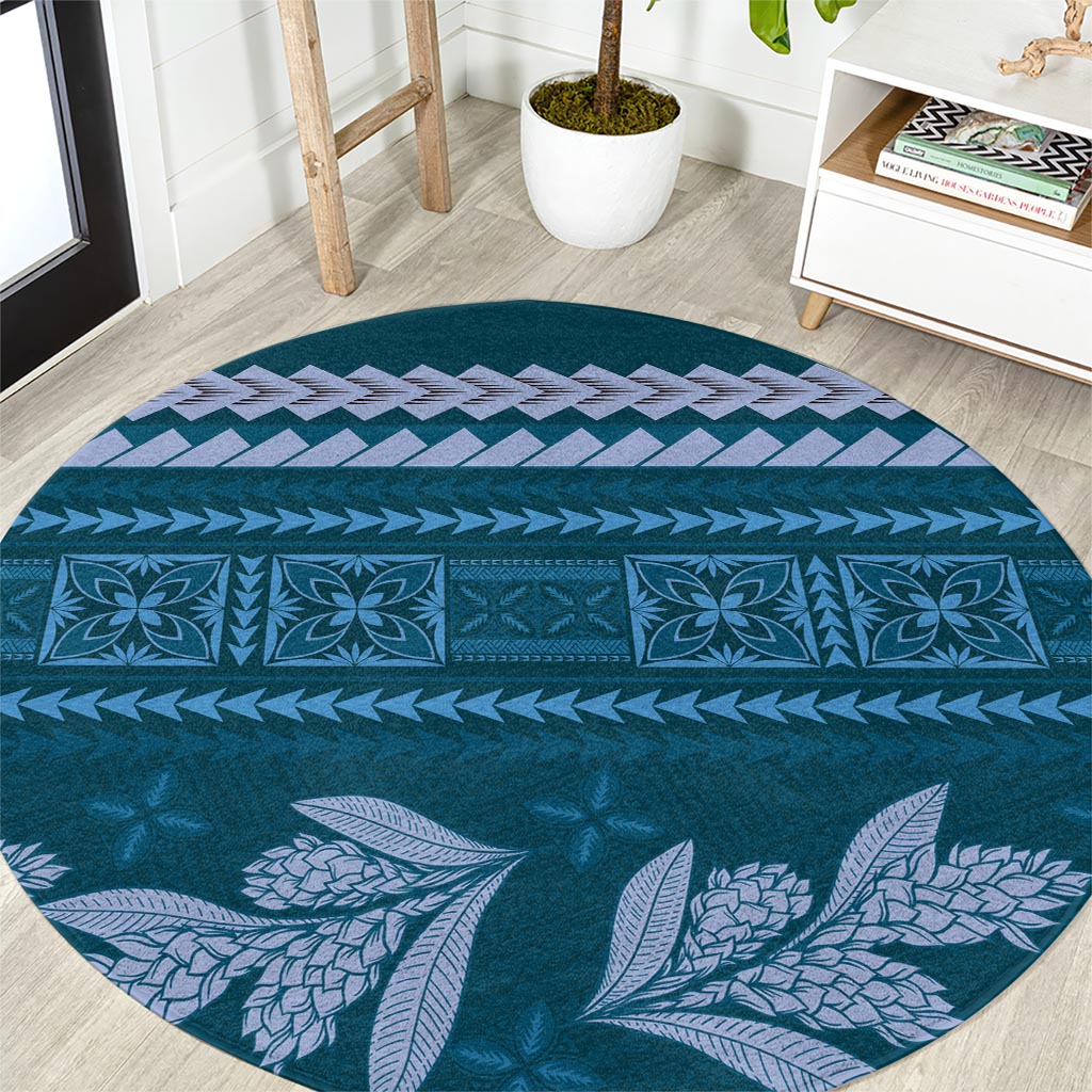 Dark Cyan Samoa Siapo Teuila Flowers Round Carpet LT14 Dark Cyan - Polynesian Pride