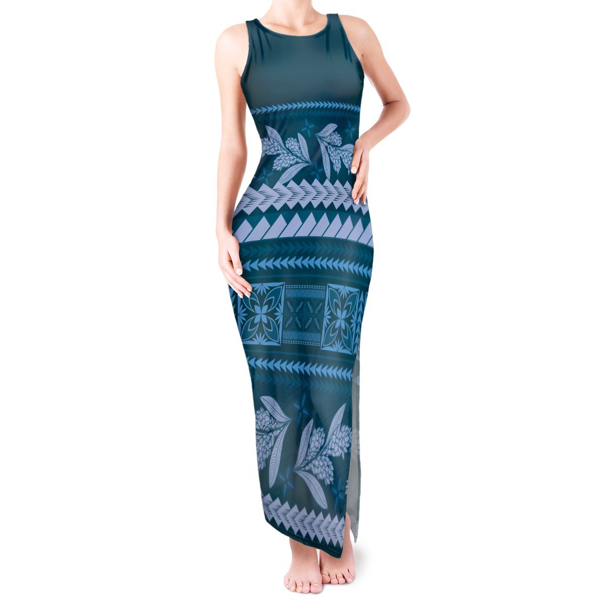 Dark Cyan Samoa Siapo Teuila Flowers Tank Maxi Dress LT14 Women Dark Cyan - Polynesian Pride