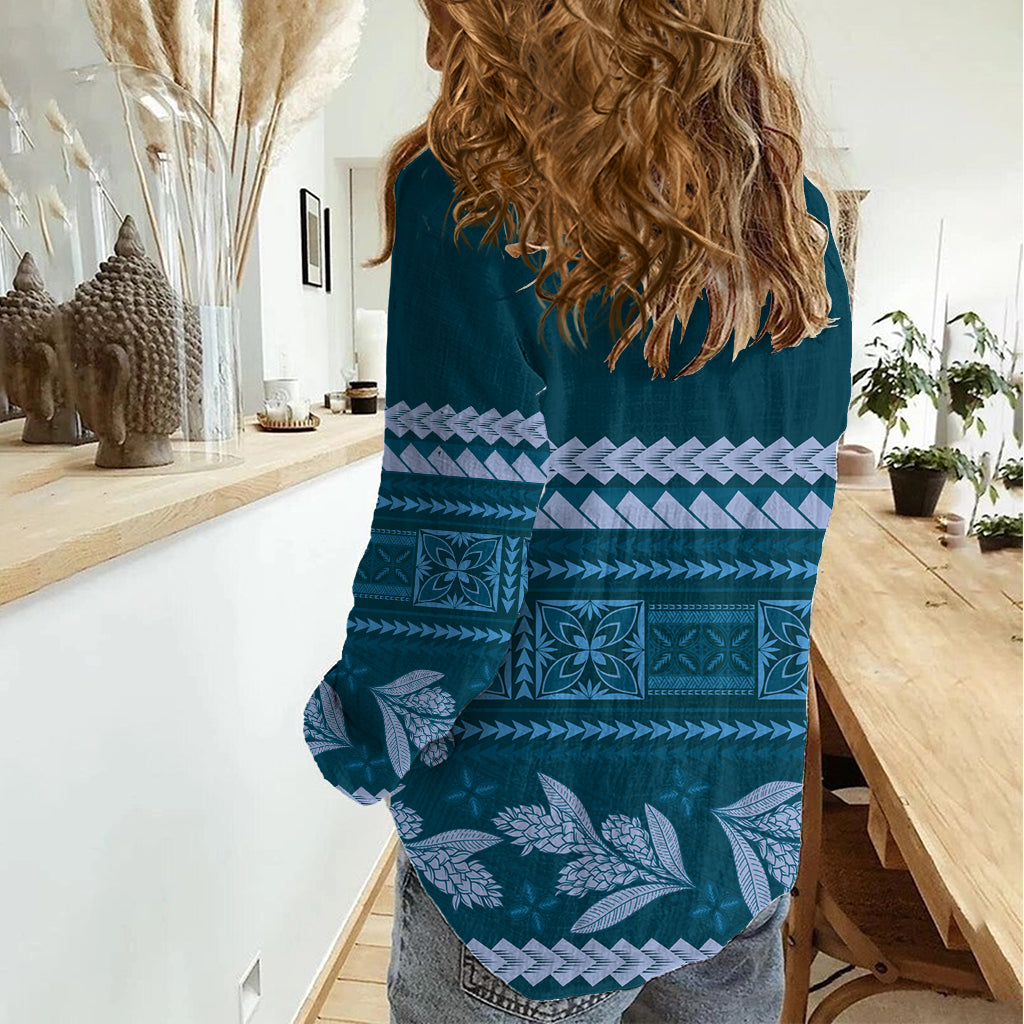 Dark Cyan Samoa Siapo Teuila Flowers Women Casual Shirt LT14 - Polynesian Pride