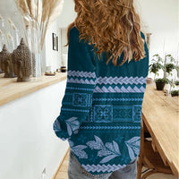 Dark Cyan Samoa Siapo Teuila Flowers Women Casual Shirt LT14 - Polynesian Pride