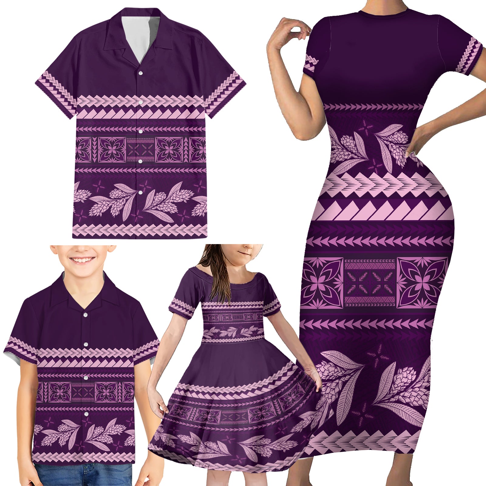 Purple Samoa Siapo Teuila Flowers Family Matching Short Sleeve Bodycon Dress and Hawaiian Shirt