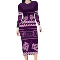 Purple Samoa Siapo Teuila Flowers Long Sleeve Bodycon Dress LT14 Long Dress Purple - Polynesian Pride