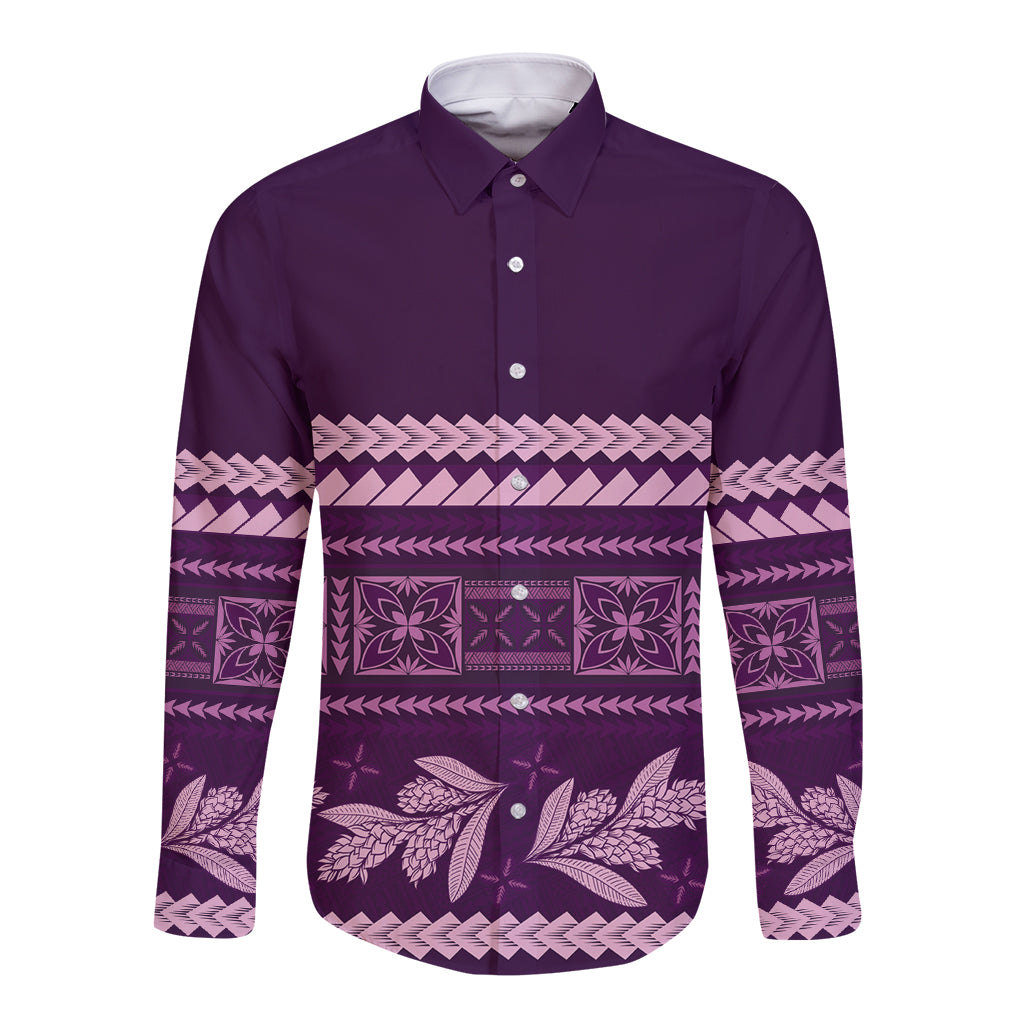 Purple Samoa Siapo Teuila Flowers Long Sleeve Button Shirt LT14 Unisex Purple - Polynesian Pride