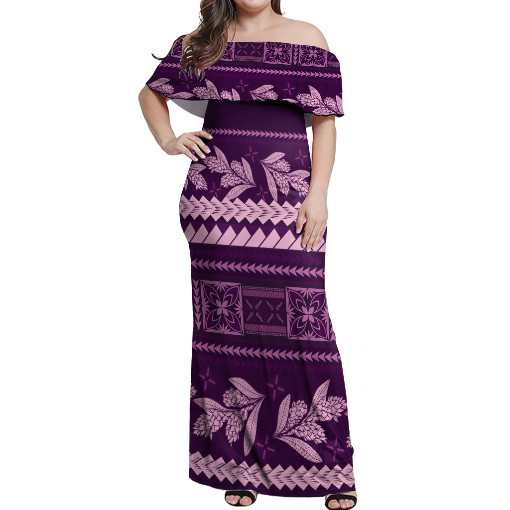 Purple Samoa Siapo Teuila Flowers Off Shoulder Maxi Dress LT14 Women Purple - Polynesian Pride