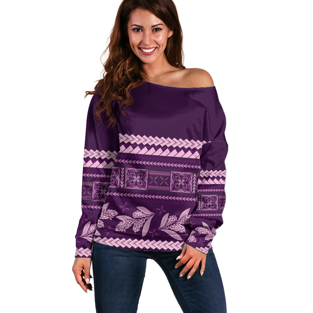 Purple Samoa Siapo Teuila Flowers Off Shoulder Sweater LT14 Women Purple - Polynesian Pride