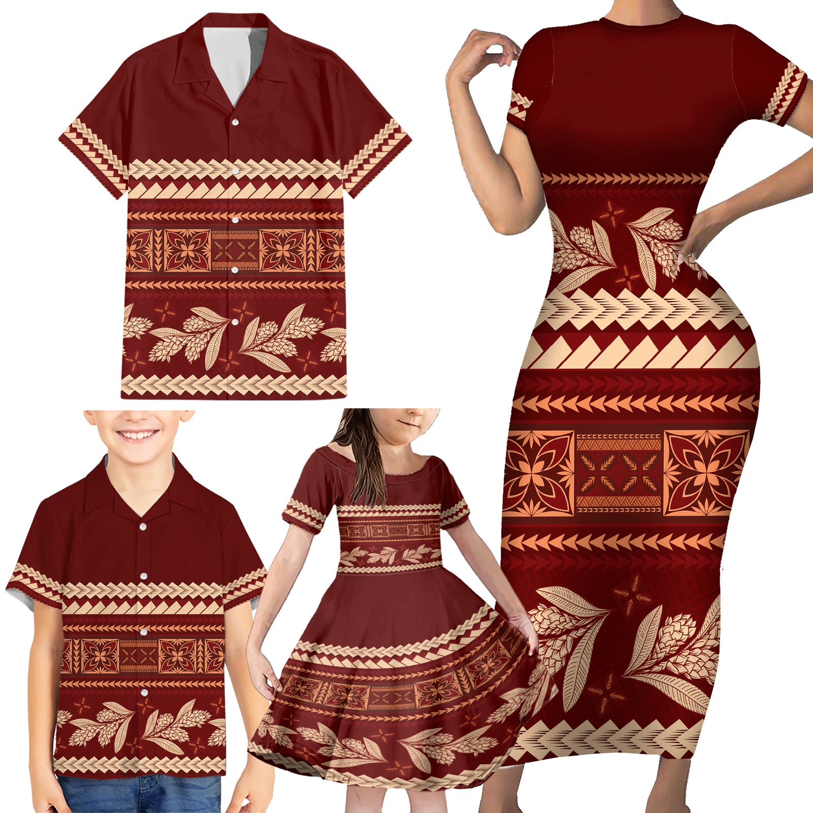Red Samoa Siapo Teuila Flowers Family Matching Short Sleeve Bodycon Dress and Hawaiian Shirt