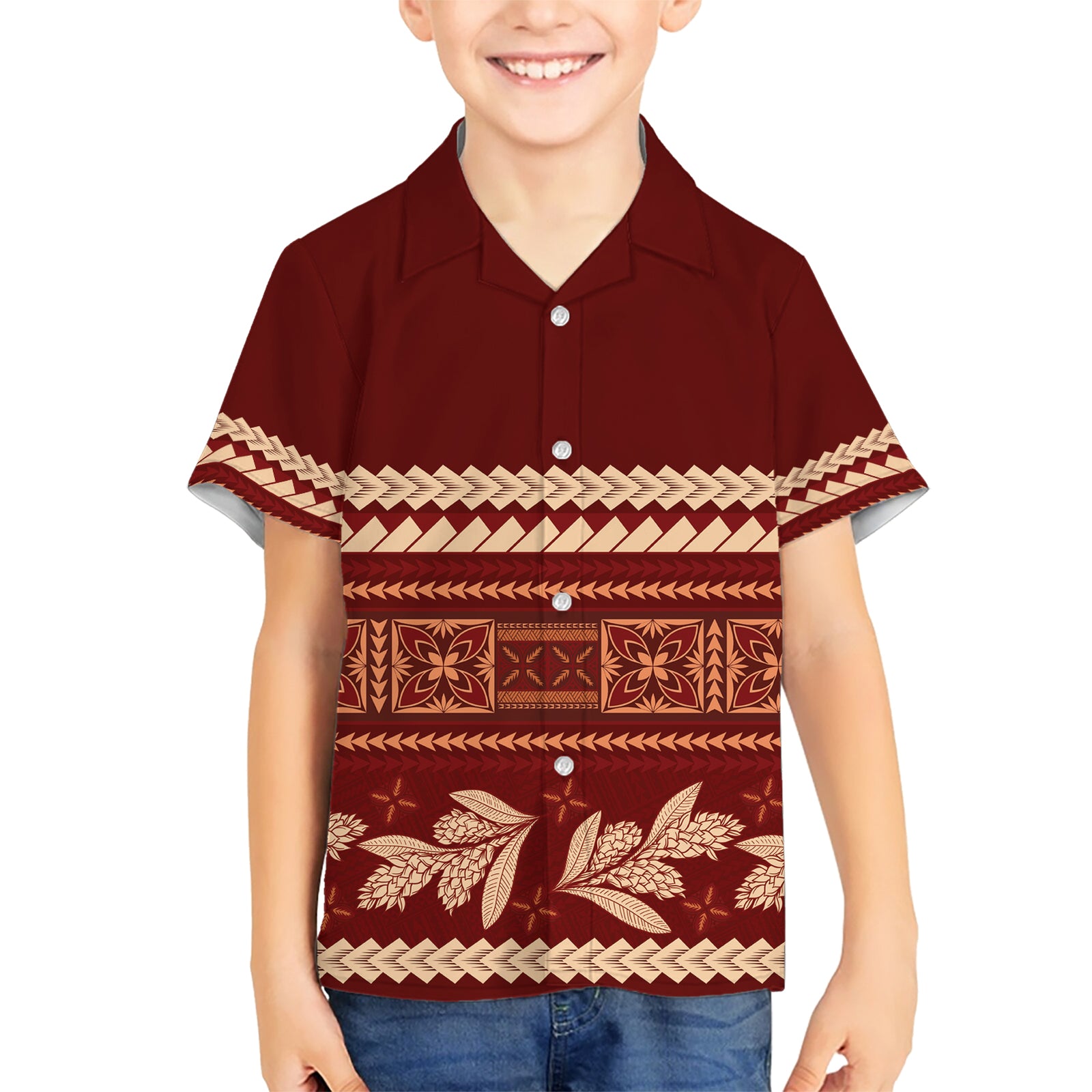 Red Samoa Siapo Teuila Flowers Kid Hawaiian Shirt LT14 Kid Red - Polynesian Pride
